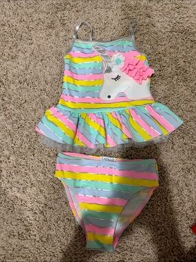 Unicorn Stripe Ruffle Two-Piece Swimsuit - Pastel Pink, Yellow & Aqua